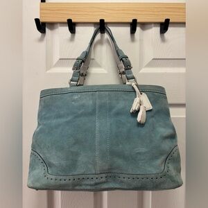 Coach VINTAGE Y2K L043-5079 Hamptons Aquamarine Suede Gallery Tote WhiteTrim EUC